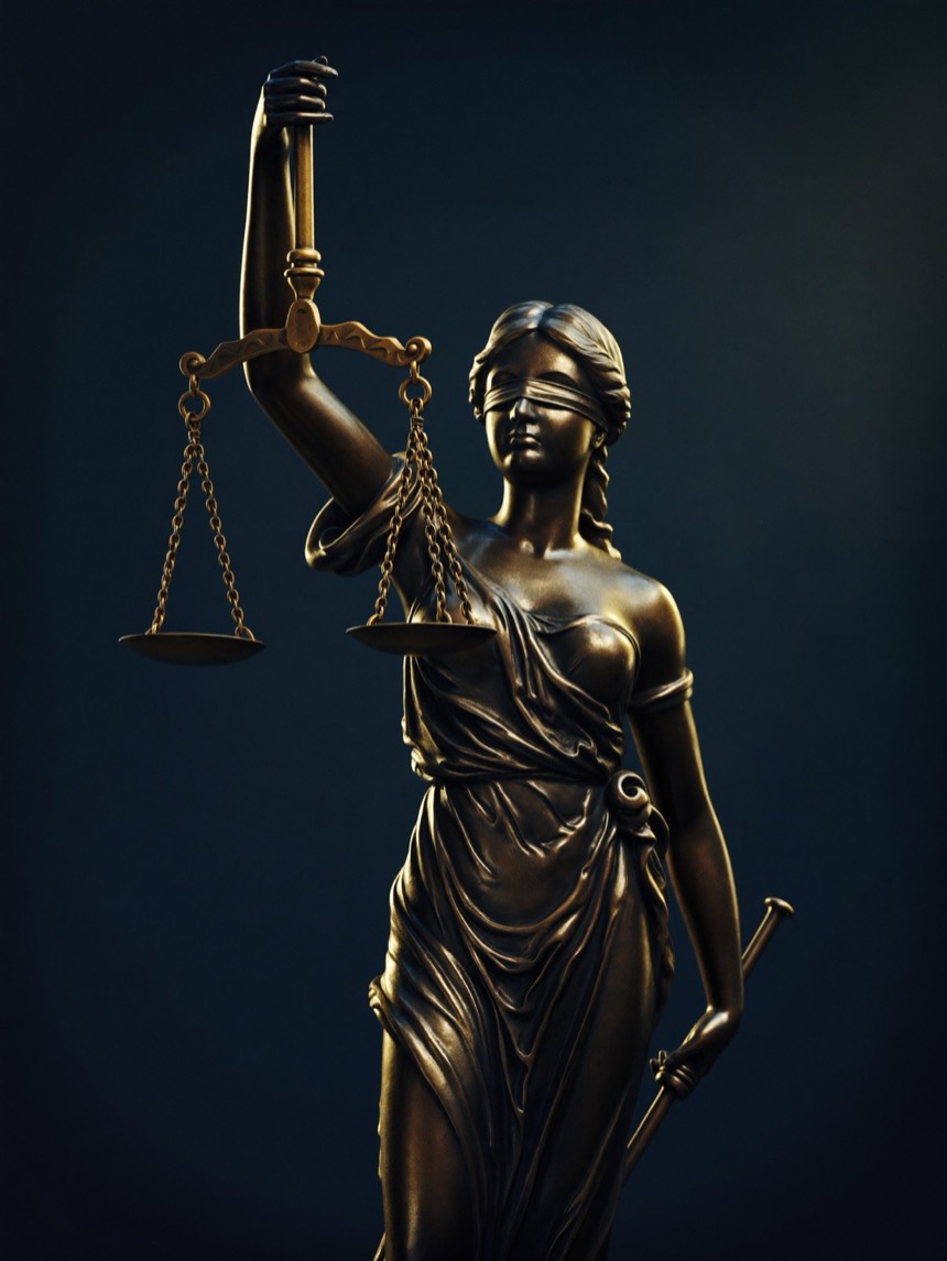 Estátua de bronze de Themis, deusa da justiça, segurando a balança